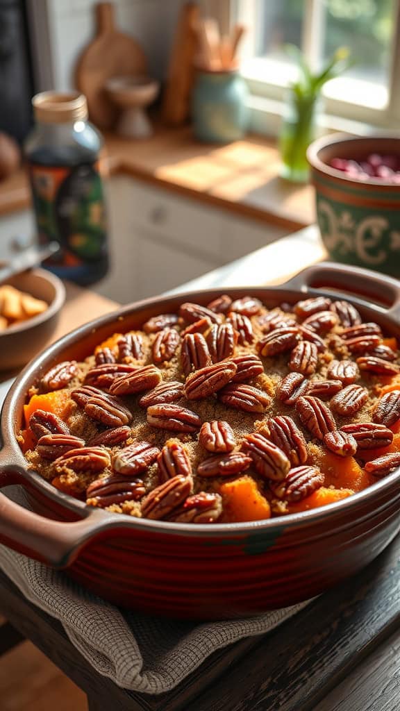 A delicious Southern Pecan Sweet Potato Casserole topped with pecans and brown sugar.