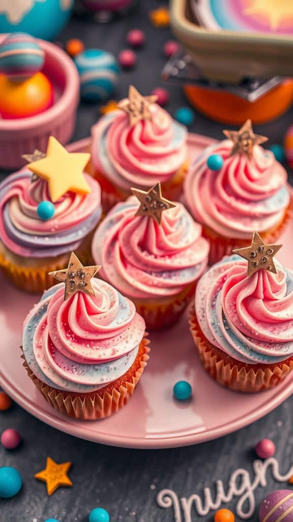 Colorful cupcakes decorated with galaxy icing and star sprinkles