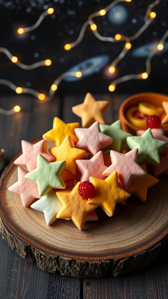 Colorful star-shaped marshmallows arranged on a wooden platter