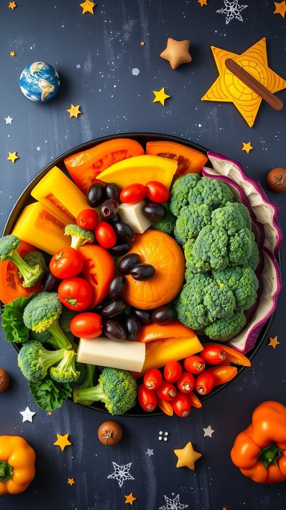 A vibrant veggie tray shaped like the solar system, featuring colorful vegetables and cheese.