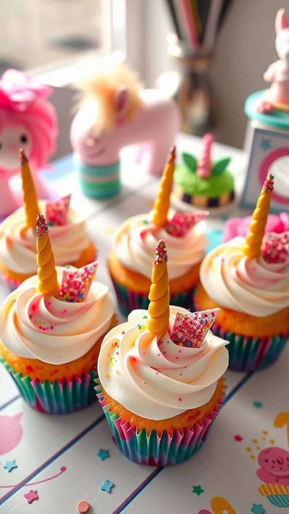 Colorful cupcakes with frosting and unicorn decorations