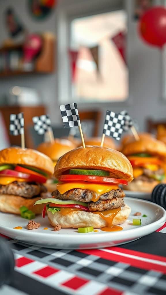 Mini burgers with toppings for a race car themed birthday party.