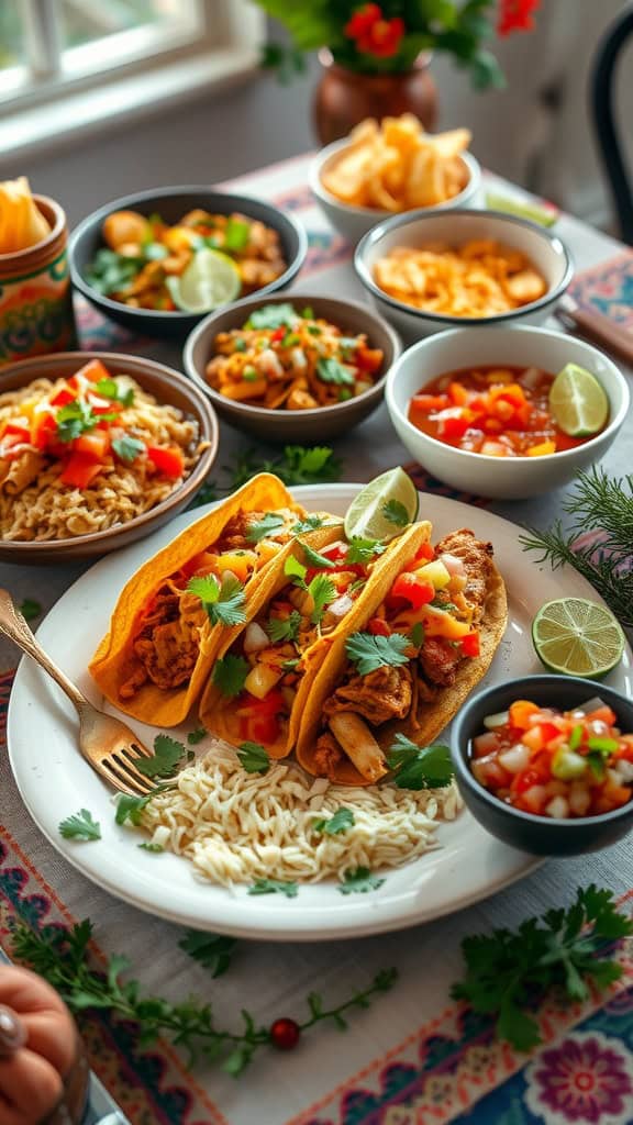 Delicious spread of chicken tacos with various toppings and side dishes.