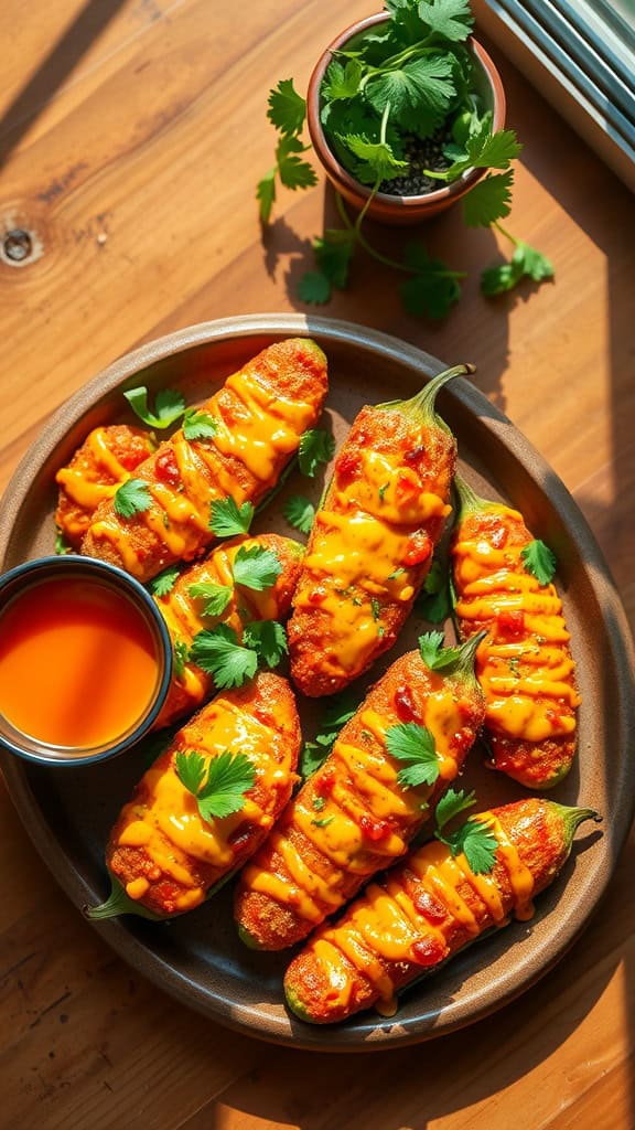 A platter of spicy and cheesy jalapeño poppers drizzled with cheese sauce and garnished with cilantro.