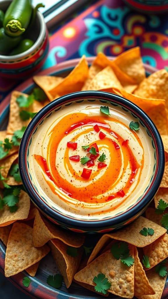 A delicious bowl of Jalapeño Queso Dip surrounded by tortilla chips and garnished with cilantro.