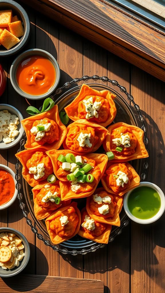 Buffalo chicken wonton cups served on a platter with sauces