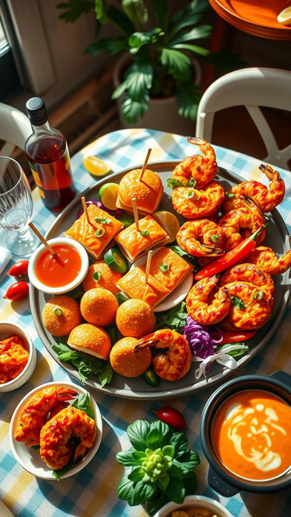 A colorful platter of spicy shrimp skewers and sliders, perfect for a birthday party.