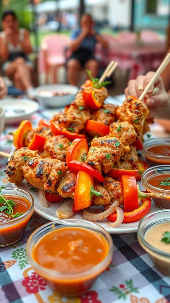 Spicy chicken skewers with colorful peppers and onion served with dipping sauces.