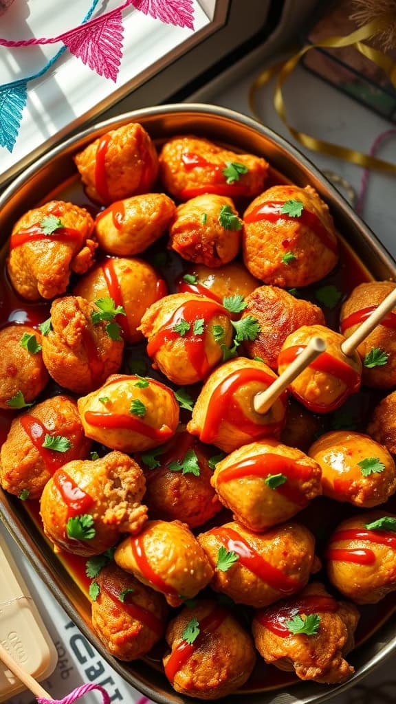 Delicious spicy honey garlic chicken bites garnished with herbs