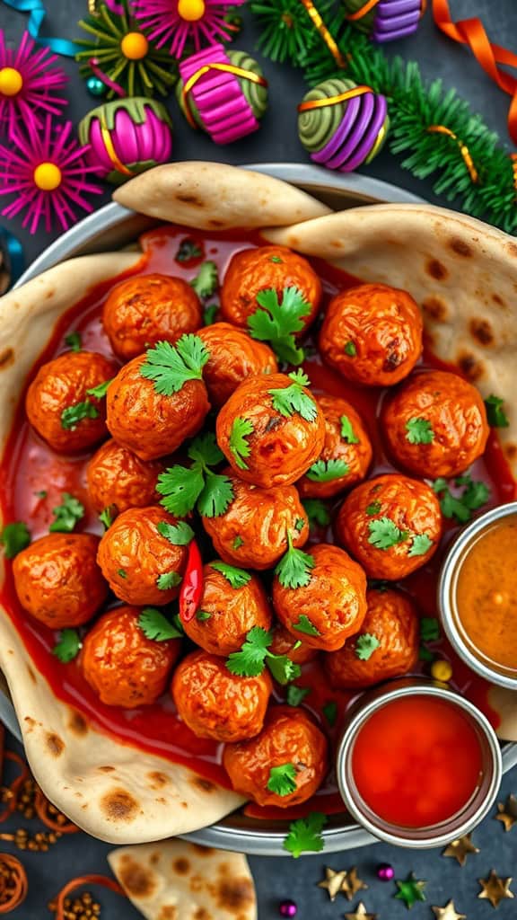 A bowl of spicy red curry meatballs garnished with cilantro, served with naan and dipping sauces.