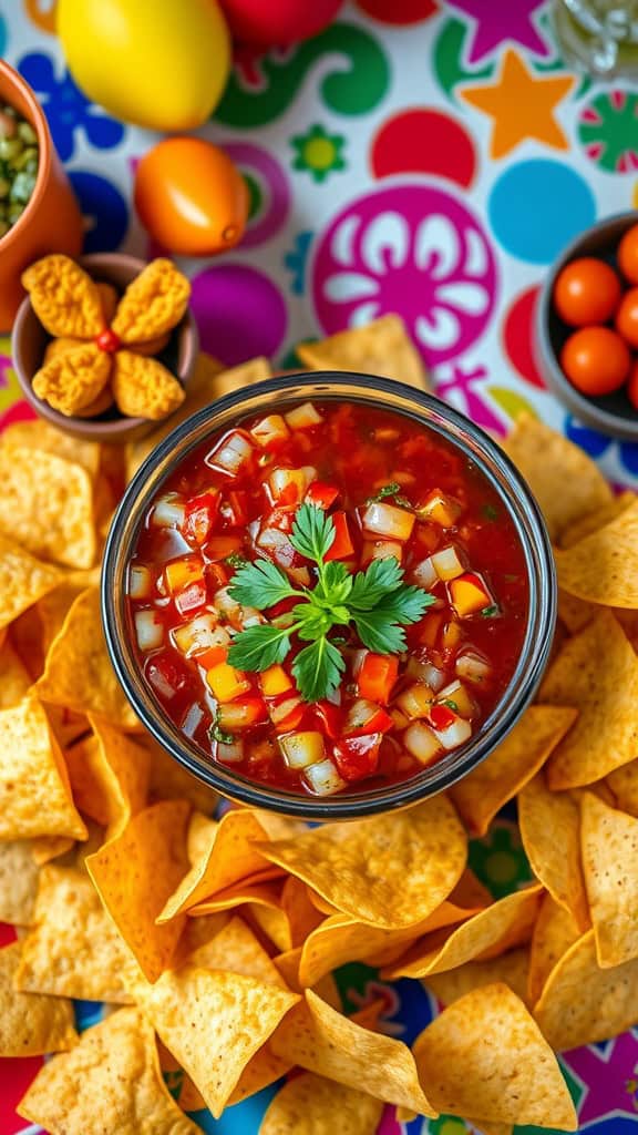 A bowl of spicy tomato salsa surrounded by tortilla chips.