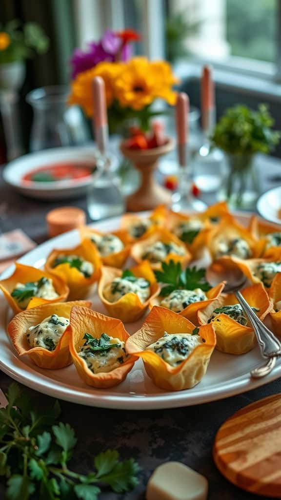 Delicious spinach and artichoke dip served in crispy wonton cups, perfect for parties.