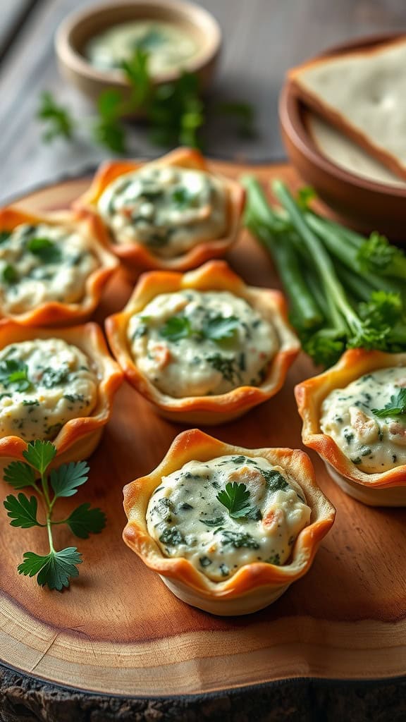 Spinach artichoke dip cups served on a wooden platter with fresh herbs.