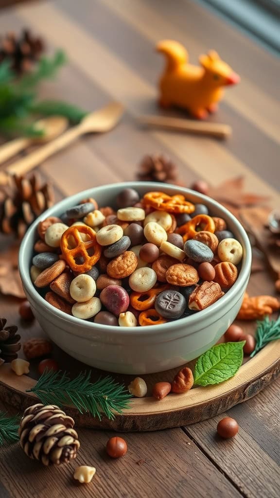 A bowl of colorful squirrel snack mix with pretzels, nuts, and chocolate candies, surrounded by pinecones and greenery.