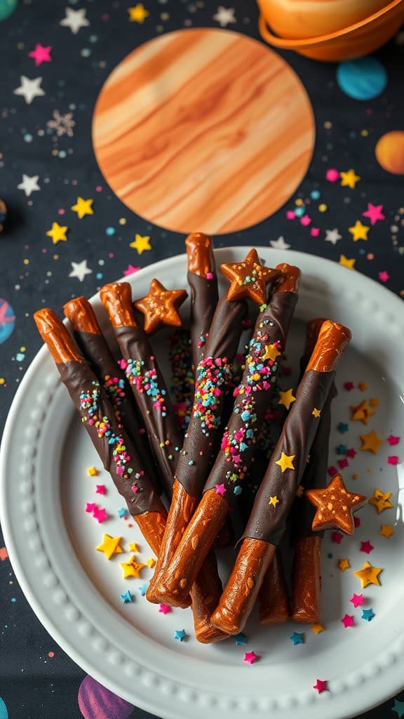 Star Cluster Pretzel Rods dipped in chocolate and decorated with colorful sprinkles and star-shaped candies.