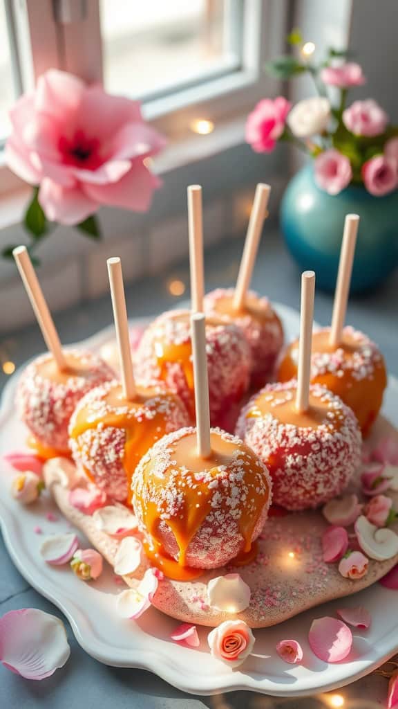 Stardust Fairy Candy Apples with caramel and pastel-colored sugar sprinkles