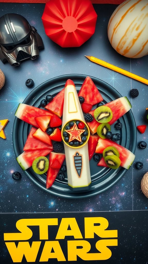 A colorful fruit platter shaped like a starfighter made with watermelon, strawberries, kiwi, and blueberries.