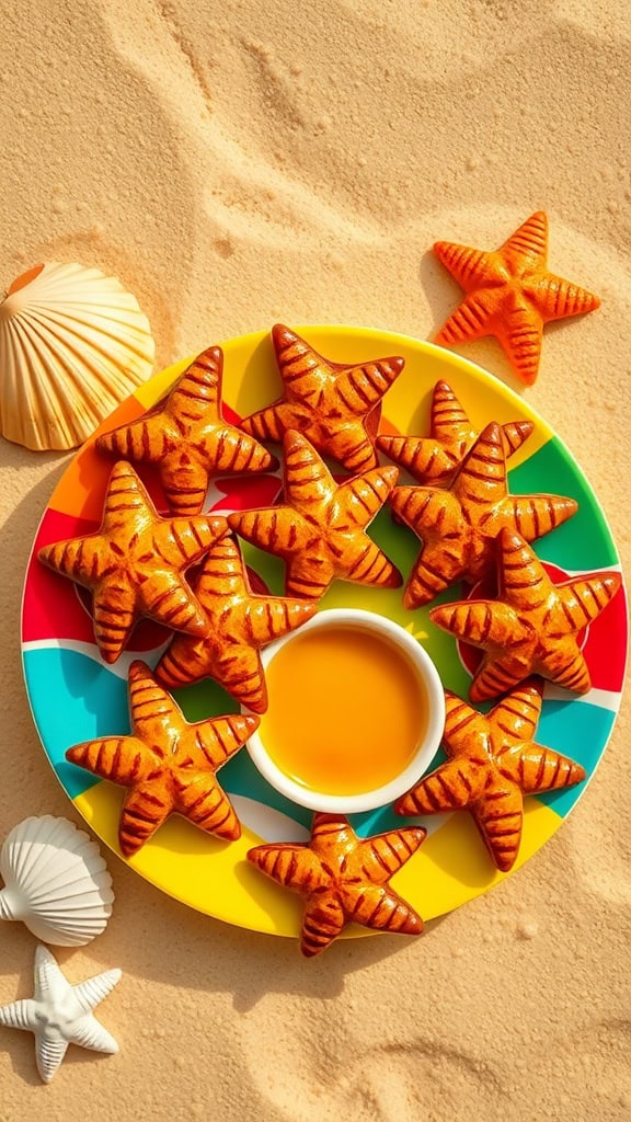 Starfish-shaped pretzel bites on a colorful plate with dipping sauce.