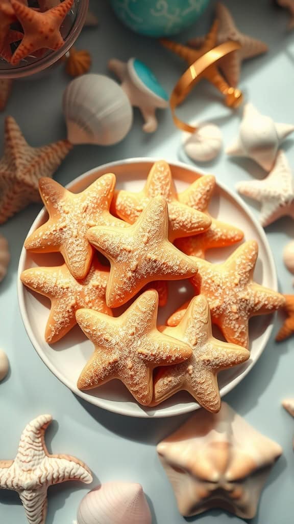 Starfish sugar cookies dusted with sanding sugar, placed on a white plate.