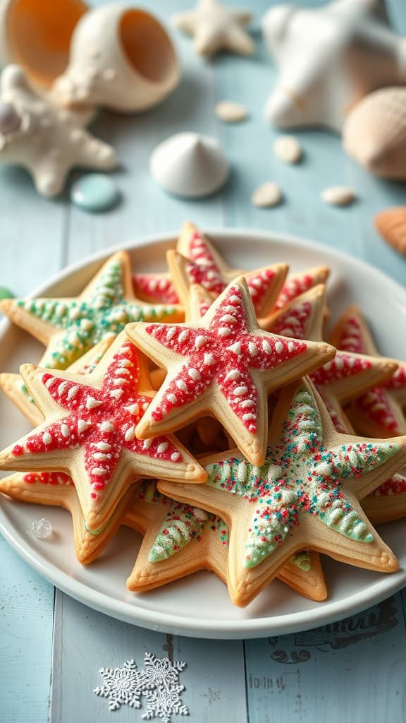 Delicious starfish-shaped sugar cookies decorated with colorful sanding sugar.