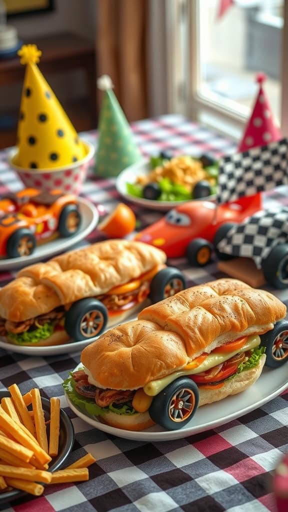 Fun race car-themed sub sandwiches with wheels, perfect for a birthday party.