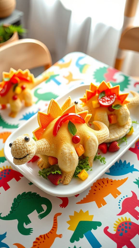 Mini sandwiches shaped like dinosaurs for a birthday party.