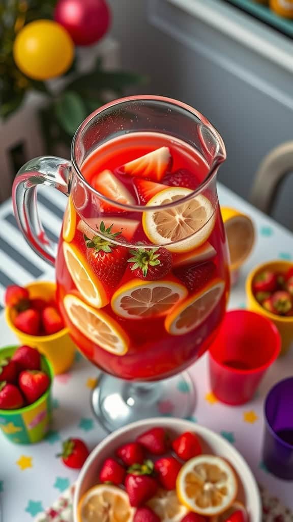 A pitcher of Strawberry-Lemon Punch with slices of strawberries and lemon.