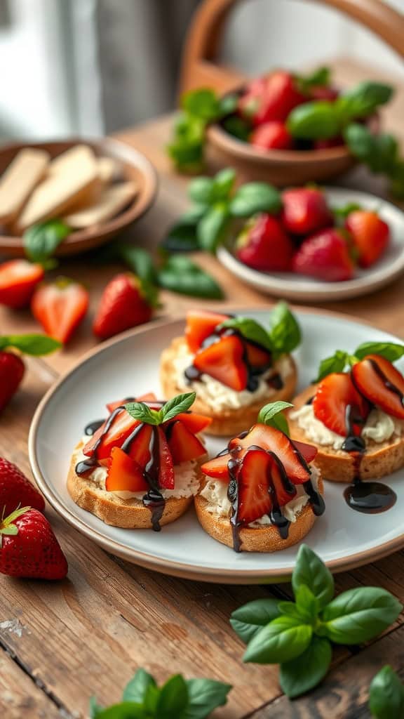 A plate of strawberry and basil crostini topped with fresh strawberries and drizzled with balsamic glaze.