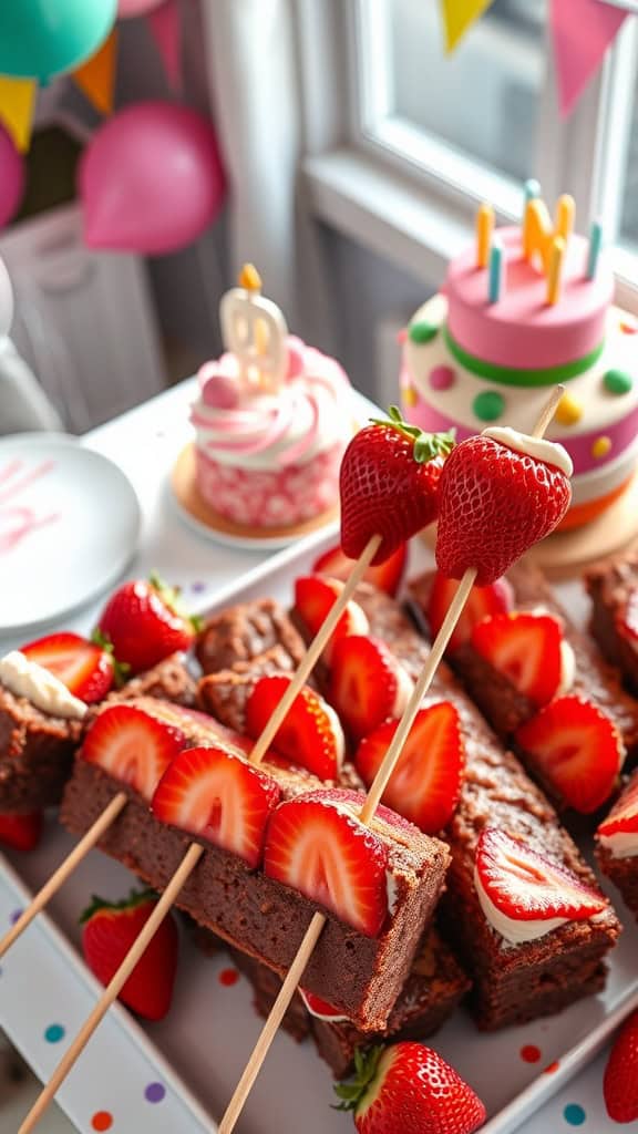 Strawberry brownie kabobs on a platter, decorated for a birthday party.