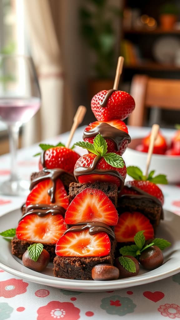 Strawberry brownie kabobs with chocolate drizzle and mint garnish