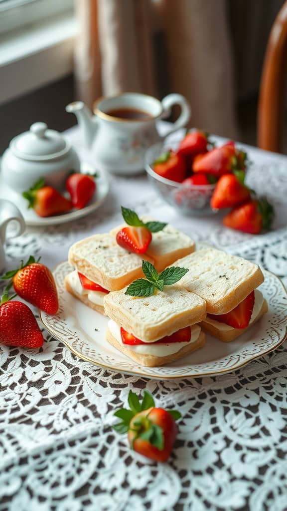 Strawberry cream cheese tea sandwiches on a lace tablecloth with strawberries