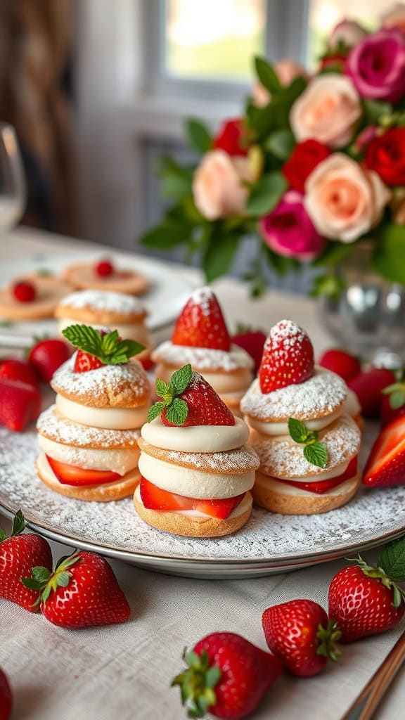 A platter of strawberry cream puffs topped with fresh strawberries and mint