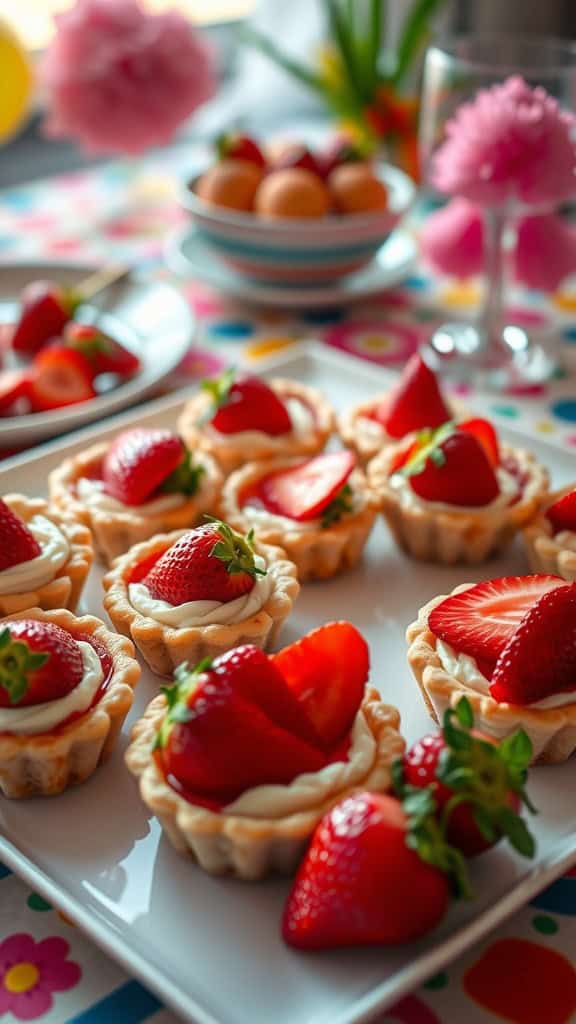 Delicious strawberry mini tarts arranged on a plate, perfect for dessert tables.