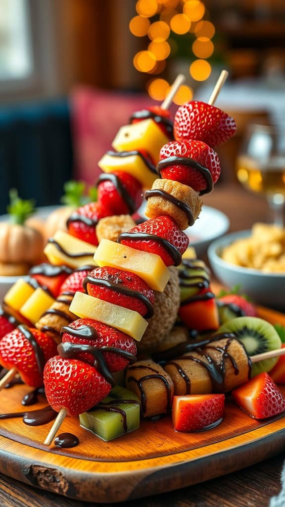 Colorful fruit kabobs with strawberries, pineapple, melon, and banana drizzled with chocolate.