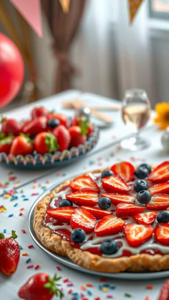 A colorful strawberry fruit pizza topped with fresh strawberries and blueberries on a cookie crust.