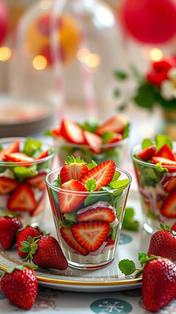 Delicious strawberry salad cups with layers of greens and yogurt