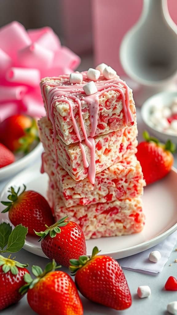 Colorful Strawberry Rice Krispie Treats stacked with fresh strawberries