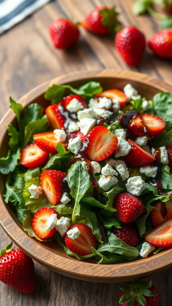 A vibrant bowl of strawberry salad topped with feta cheese and balsamic glaze