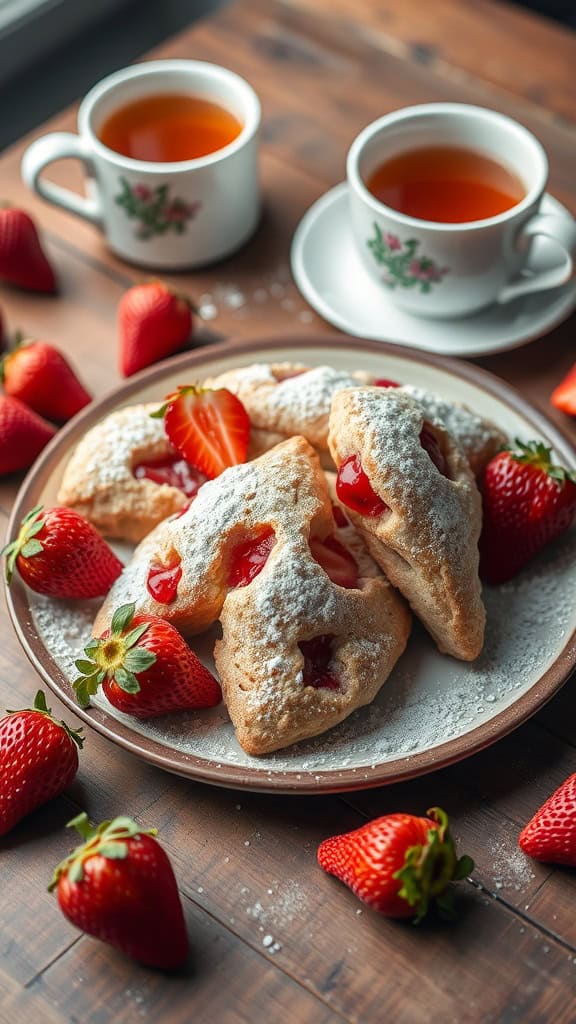 Delicious strawberry scones dusted with powdered sugar, served with fresh strawberries.