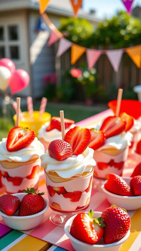 Strawberry shortcake cups with layers of strawberry, cream, and cake for a birthday brunch