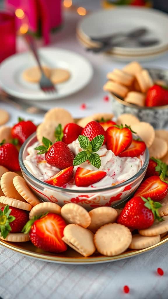 A bowl of strawberry shortcake dip surrounded by vanilla wafers and fresh strawberries.