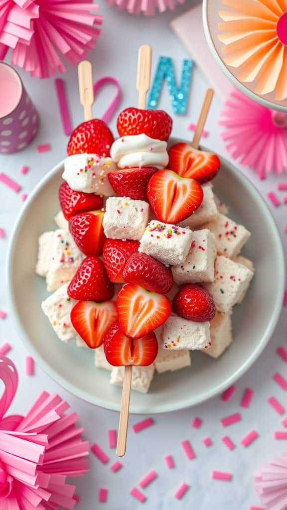 Strawberry Shortcake Kabobs with strawberries, cake, and whipped cream on skewers