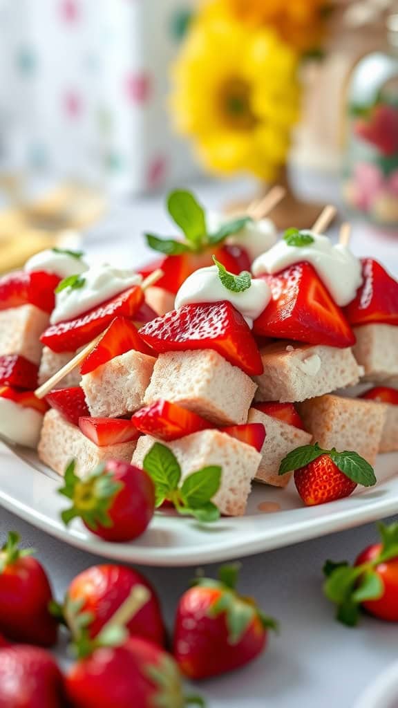 A platter of colorful Strawberry Shortcake Kabobs featuring strawberries, pound cake cubes, and whipped cream.