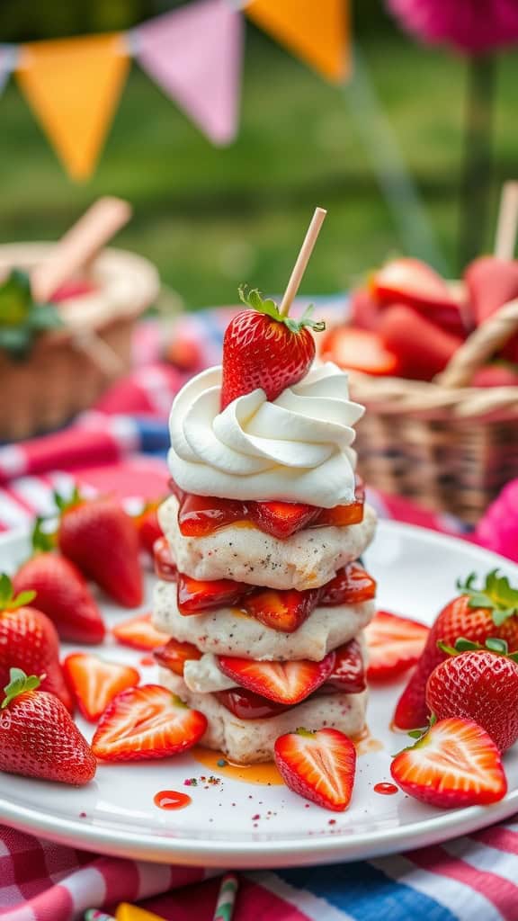 Delicious strawberry shortcake on a stick, stacked with layers of whipped cream and fresh strawberries.