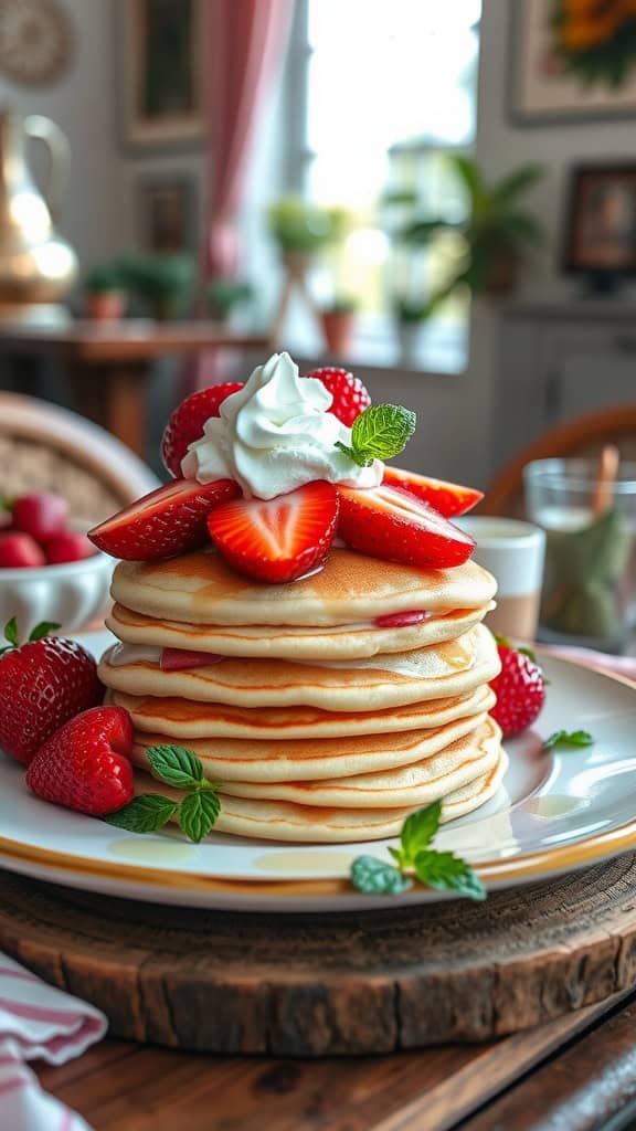 Strawberry Shortcake Pancake Stacks with fresh strawberries and whipped cream