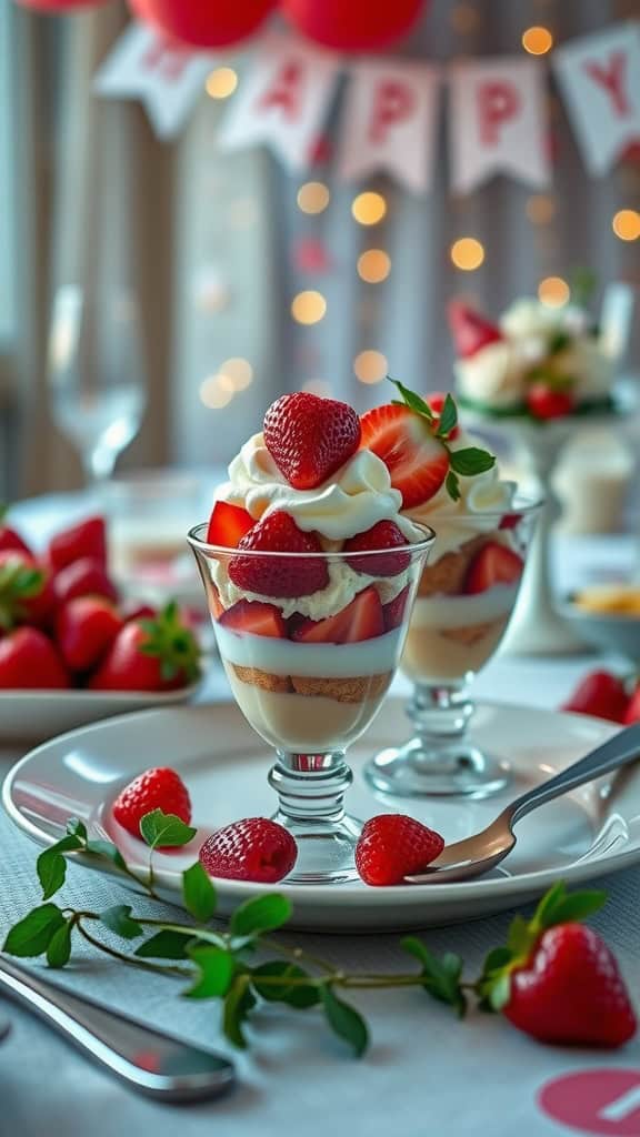 Delicious strawberry shortcake parfait cups with layers of cake, strawberries, and whipped cream