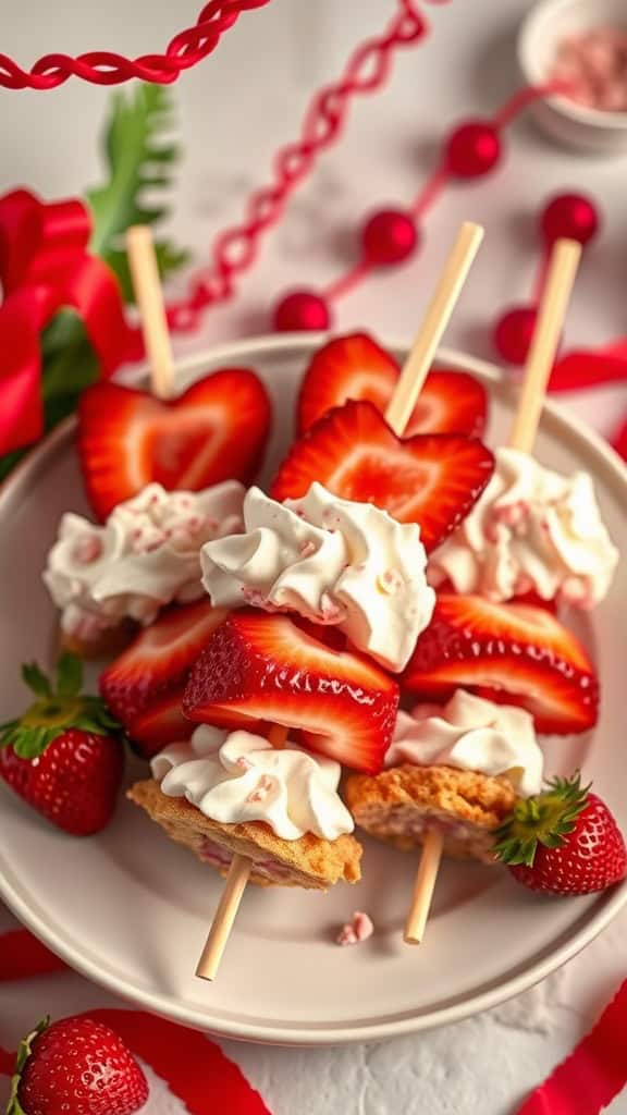 A plate of strawberry shortcake skewers with whipped cream, fresh strawberries, and shortcake biscuits.