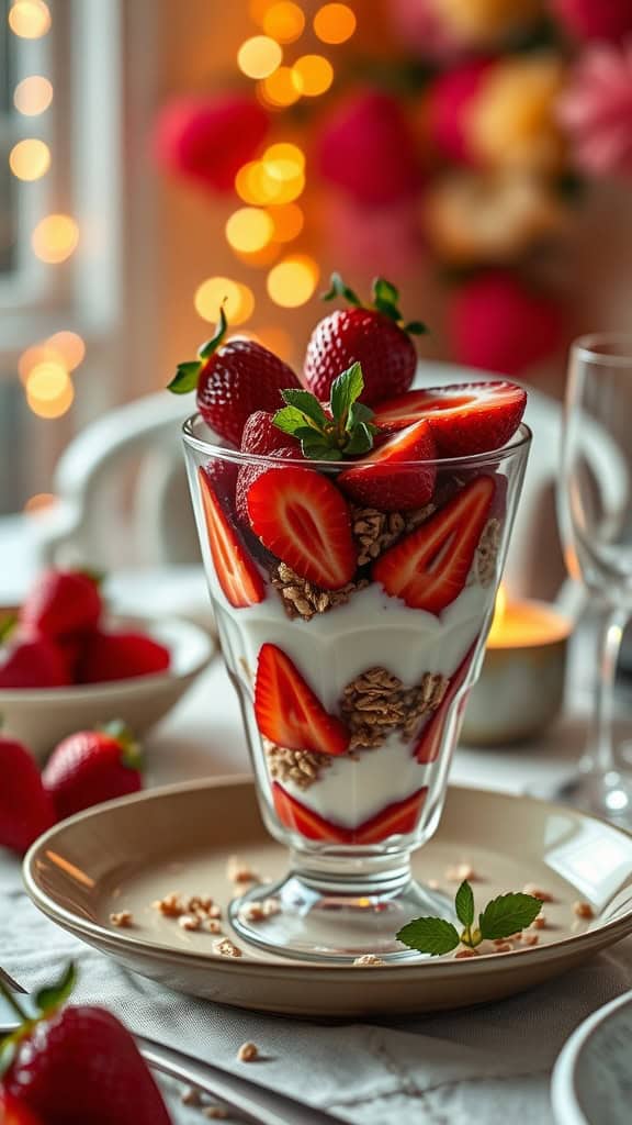 Refreshing strawberry yogurt parfaits served in glasses with layers of yogurt, strawberries, and granola