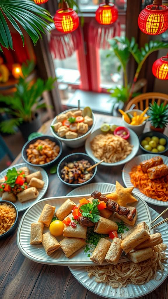 A vibrant spread of Filipino street food including spring rolls, skewers, and various side dishes.