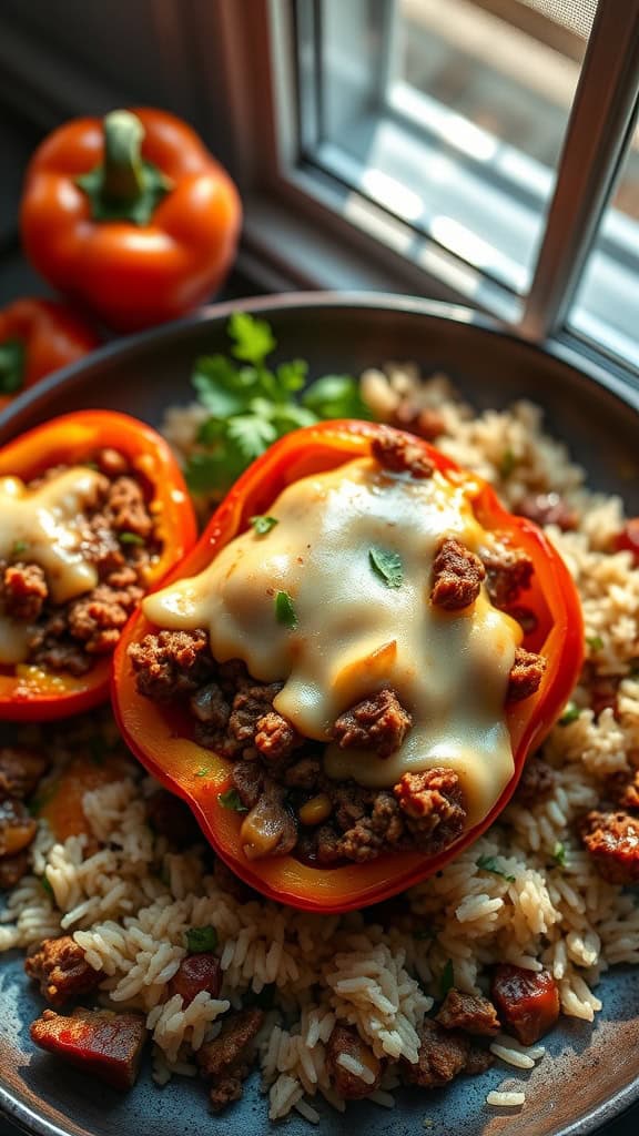 A close-up of stuffed bell peppers filled with ground meat and cheese over rice.